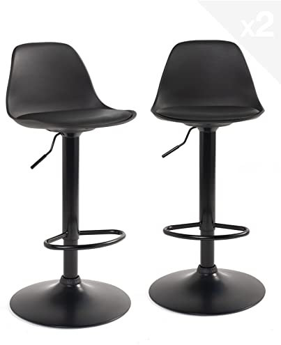 KAYELLES Lot de 2 tabourets de Bar Noir Design Coussin Simili Cuir rembourré, Repose Pied, réglable en Hauteur et pivotant 360° SIG (Noir intégral)