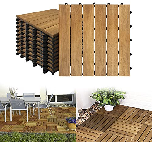 YRHome 1m² Akazienholz Holzfliesen Bodenfliese Balkon 30x30cm Balkonfliesen Terrassenfliese Klickfliese Klicksystem Bodenbelag Drainage für Terrassen Balkon Garten (Typ A, 11 Stück | 1m²)