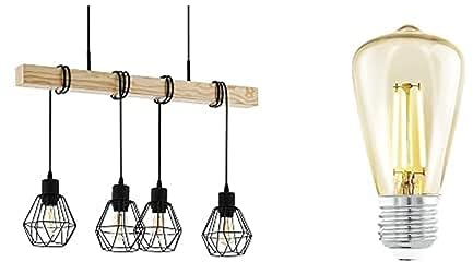 EGLO Pendellampe Townshend 5, Vintage Pendelleuchte im Industrial Design inkl. 4 LED Leuchtmittel, Retro Hängelampe aus Stahl und Holz, Schwarz, braun