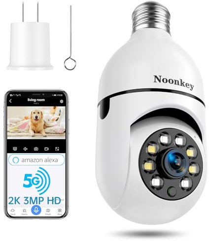 Noonkey 2K/3MP Light Bulb Security Camera, 5G& 2.4GHz WiFi Alexa E27 360° Light Socket Camera for Outdoor, Wireless WiFi Home IP Camera with Motion Tracking Alarm, Color Night Vision,Two-Way Talk.