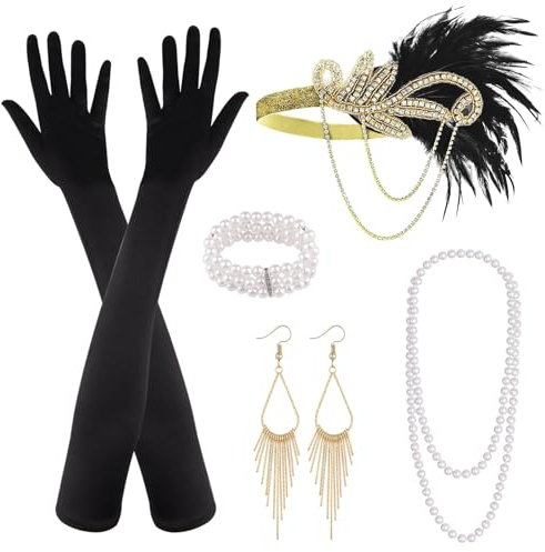 PLULON 7-teiliges 1920er Flapper Great Gatsby Accessoires-Set Fashion Roaring 20's Theme Set mit Stirnband, Kopfbedeckung, langen schwarzen Handschuhen, Halskette, Ohrringen für Damen (Stil 4)