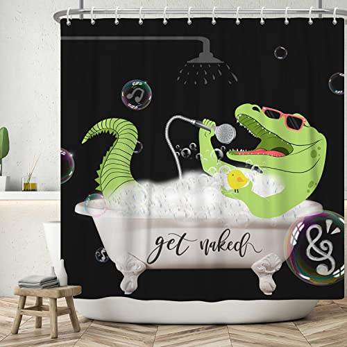 SDOTPMT 120x180cm Obtener Cortinas baño Desnudas Dinosaurios Verdes interesantes en la Ducha Cortinas baño bañera Dibujos Animados telón Fondo Negro bañera Cortina baño Infantil con Gancho decoración