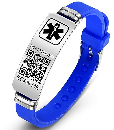 Theluckytag Bracelets médicaux pour homme et femme avec code QR - Bracelets d'identification médicale pour le sport et les voyages - Bracelet étanche en silicone pour poignets jusqu'à 20,3 cm - Plus