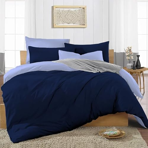 Ev Dekor® Duvet Cover Set Super-King Dark Blue Light Blue - Soft Microfibre Polyester Plain Dyed Reversible Double Duvet Set with Pillow cases - Bedding Quilt Covers Bedsheets