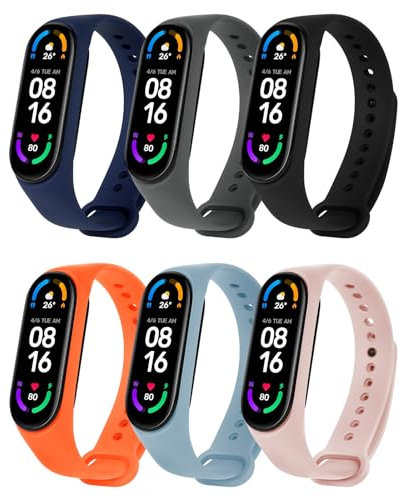 Ainiv Bracelet pour Xiaomi Mi Band 5/Band 6/Band 7, 6PCS Bracelets de Remplacement pour Montre en Silicone Souple, Bracelet de Fitness Réglables pour Accessoires Xiaomi