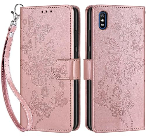 SIENIANLINE Coque pour Xiaomi Redmi 9A Portefeuille Or Rose | 3 emplacements cartes, 1 poche billets, Fermeture magnétique, Fonction support, Étui de protection pour Redmi 9A