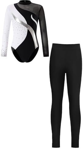 Hedmy Gymnastikanzug Kinder Mädchen Langarm Turnanzug Turnbody Lang Sporthosen Leggings Glänzende Trikotanzug Tanz Kleidung Silber schwarz 158-164