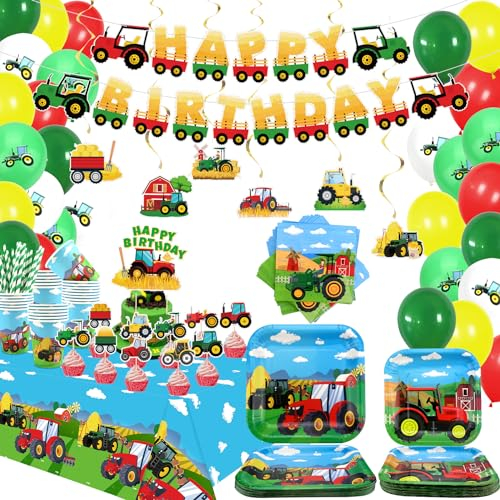 ENCETARDE Geburtstagsparty-Zubehör mit Traktor-Thema -Traktor Geburtstag Party Dekorationen, Bauernhof Traktor Platten, Tassen, Servietten, Bauernhof Traktor Tischdecke, HAPPY BIRTHDAY Banner (red-L)