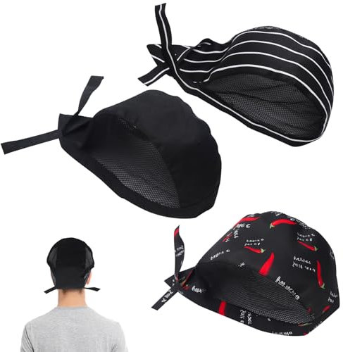KJG Kochmütze 3 Stück für Herren und Frauen - Verstellbare Schwarze Küchenmütze - Elastische Bandana Cap für Restaurants, Bäcker, Hotels, Haushaltsküchen