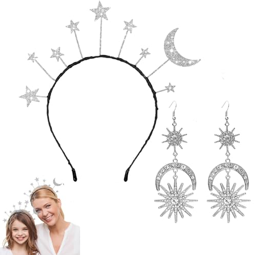 Sunwuun Faschingsfeier Haarreif Sterne Mond Sonne Silber, Weltall Kostüm Space Stirnband Geburtstagsfeier Haarband Glitzer Haarschmuck Für Karneval Halloween Cosplay Maskerade Geburtstag Kostümparty