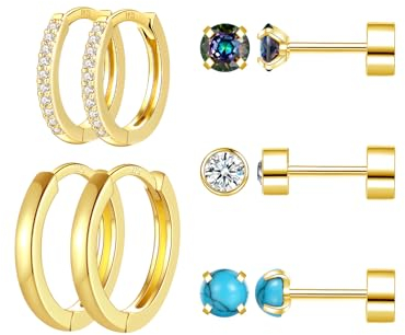 RoseJeopal 5 Parr 18K Gold Ohrringe Set für Damen, Kleine Türkis Runde Ohrstecker Goldene Creolen mit AAA+ Kubischer Zirkonia, Hypoallergene Gold Ohrpiercing Mädchen für mehrere ohrlöcher
