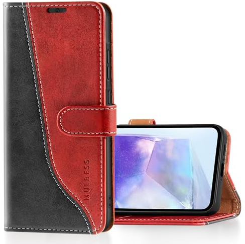 Mulbess für Samsung Galaxy A55 5G Hülle, Handyülle Leder mit Kartenfach, Klapphülle mit Magnetverschluss, Flip Case Etui Handytasche Schutzhülle, Stilvoll Wein Rot