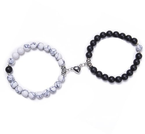 Okaywork 2 Stück Magnet Paare Armbänder,Partnerarmbänder matching bracelets Stretch Perlen Pärchen Armband Freundschaft Armbander mit nanhänger Liebhaber Beziehung Schmuck Geschenk für (Schwarz,Weiss)