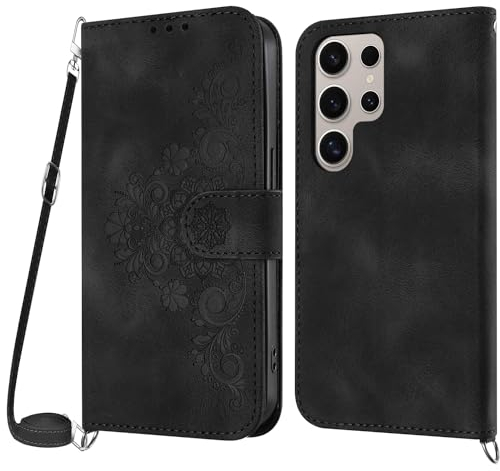 Netany Coque pour Samsung Galaxy S24 Ultra avec Cordon, Etui pour Galaxy S24 Ultra avec Cordon Collier, Cuir Flip Portefeuille Étui en Cuir, Housse Case Etui avec [Bandoulière Réglable] Cover (Noir)