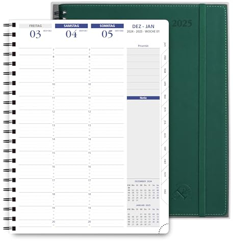 POPRUN Kalender 2025 Wochenplaner Ringbuch mit Softcover 28.5 x 22.2 cm - auf Deutsch - Terminplaner 2025 A4 mit 15-Minuten-Intervall und Vertikalem Wochenlayout, 100 GSM Papier - Waldgrün