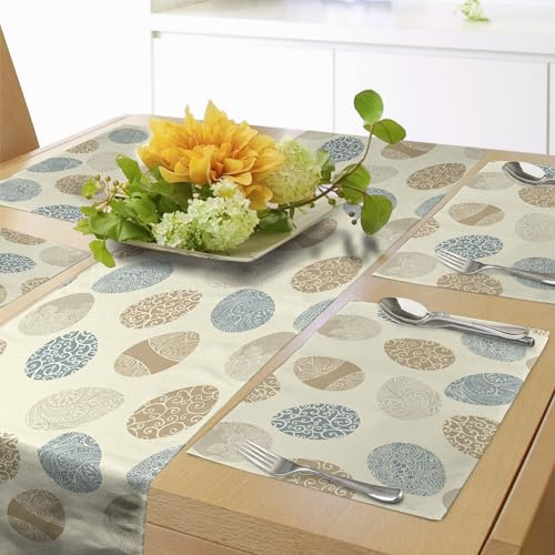 ABAKUHAUS Ostern Tischläufer & 4 Stück Tischsets, Künstlerische Feier-Ikonen mit schwierigen Blumenverzierungen, Tischdeko-Set, 180 x 40 cm, Hellgelb Blaugrau
