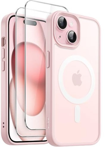 JETech 3 in 1 Cover Magnetica per iPhone 15 6,1 Pollici con Pacco da 2 Vetro Temperato Pellicola Protettiva, Compatibile con MagSafe, Traslucida Opaca Retro Custodia (Rosa)