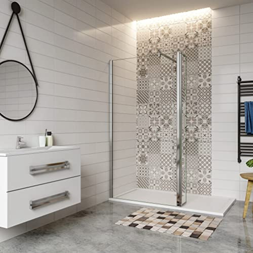 Paroi de douche à l'italienne 110+40x200cm avec barre de fixation 90cm en carré, Paroi de douche avec retour pivotant 40cm en verre 8mm securit