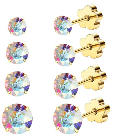 4 Paar G23 Titan Ohrringe für Empfindliche Haut 14K Gold Hypoallergen Knorpel Nap Ohrringe 2-5mm, AB Cubic Zirkonia Ohrstecker Blume Flatback Ohrringe