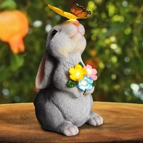 DAJASD Ornements solaires de jardin en forme de lapin avec 7 LED de couleur solaire, statue de lapin avec papillon et fleurs, étanchéité IP65, sculpture d'animal en résine pour jardin, maison, cour