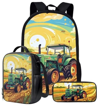 KUIFORTI Rucksack-Set, 3-in-1, Schultasche, Lunch-Tasche, Federmäppchen, Geschenk für Teenager, Jungen, Mädchen, Traktor-Design, Einheitsgröße, Schulrucksack