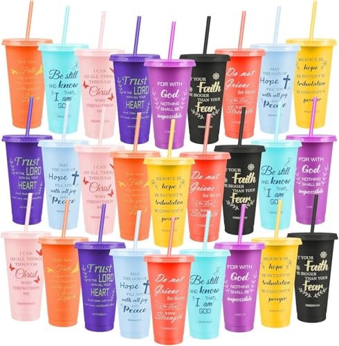 27 Pcs Christian Tumbler Bible Verse Cup 24 oz Reusable Plastic Tumblers with Lid and Straw Inspirational Christian Party Cups for Women Men Christian Gift Cup (9 Colors)