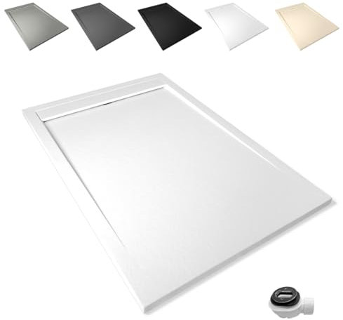 Plato de Ducha Antideslizante y Antibacteriano, Plato Ducha Resina Resistente a Agentes Químicos, Incluye Rejilla Desagüe Ducha y Válvula (Ral 9003 BLANCO, 80 x 130)