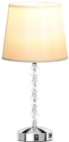 HOMCOM Tischlampe LED Tischleuchte USB Aufladbar, Kristall Nachttischlampe, Lampensockel E27, für Wohnzimmer Schlafzimmer, Glas, Silber 23 x 23 x 45 cm