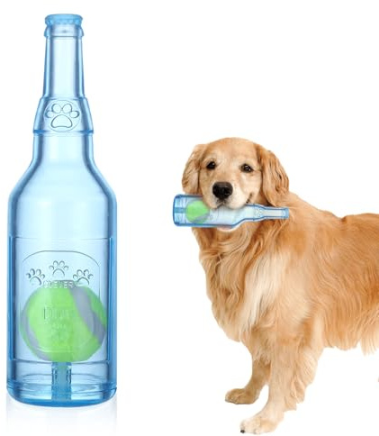 Heygueo Water Bottle Dog Toy for Aggressive Chewers,Ball in Bottle Rubber Dog Toy,Cute Interactive Pet Rubber Cruncher for Dogs Aggressive Chewers Large/Medium/Small(Blue)