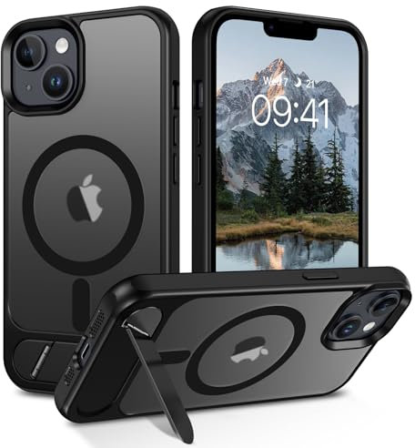 DOMAVER Hülle für iPhone 13 /iPhone 14 (6,1) - Magnetisch Integrierter unsichtbarer Ständer | Militärischer Fallschutz | Transparente Matt-Oberfläche | Kompatibel mit Mag-Safe Zubehör， Schwarz