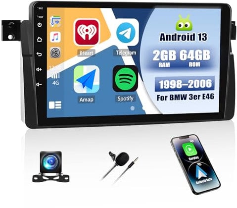 Autoradio Android 13 per BMW Serie 3 E46 1998 – 2006 con Carplay Android Auto, 9 pollici Touch Screen Radio con GPS WiFi FM/RDS Bluetooth Mirror Link EQ+AHD telecamera posteriore e microfono