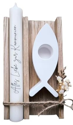 Alles Liebe zur Konfirmation - Geschenkset - Kerze Stabkerze - mit Fisch Kerzenständer - in Holzbox Holzverpackung - Geschenk - Kirche