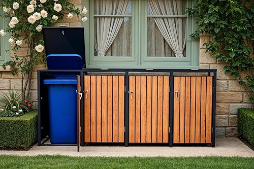 Outdoor Quad Wheelie Bin Storage Cover, Galvanized Steel with Wood Effect Panels, Anthracite Grey, Lockable
