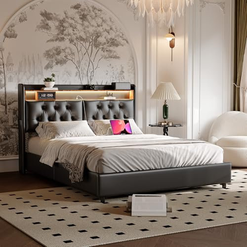 Mutuolux Polsterbett 140x200 Schwarz PU mit LED Beleuchtung, Kopfteil mit Regal & USB-Anschluss, Polsterbett mit Bettkasten zum Hochklappen, Bett mit Stauraum (140x200 cm)