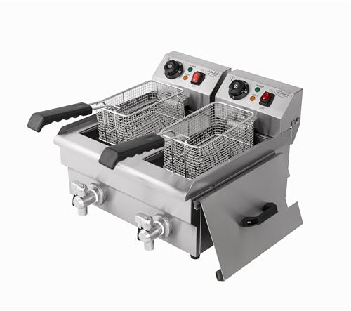 Hakka Friteuses électriques Professionnelles, Grande Capacité 6L x 2, en Acier Iinoxydable, Avec égouttoir, Panier et Couvercle, Double Cuve(220V, 2000W+2000W)