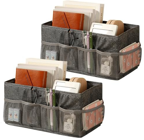 Rieoany Fabric Storage Boxes, Set of 2 Canvas Boxes with Mesh Pocket, 30 x 15 x 15 cm Small Baskets, Foldable Fabric Box for Desk Basket Storage Organizer