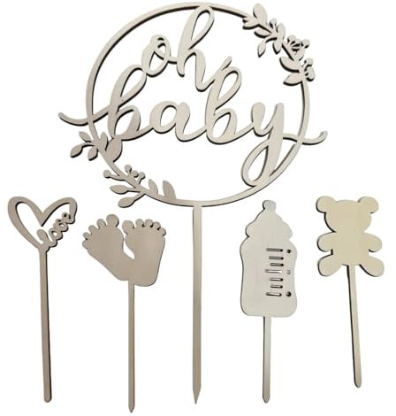 5 Stück Oh Baby Cake Topper Holz, Junge Mädchen Party Kuchen Geburtstag Neutral Dekoration Babyparty Deko für Baby Shower Dusche Eine Windeltorte Gender Reveal Cupcake Geburtstagstorte Partydeko