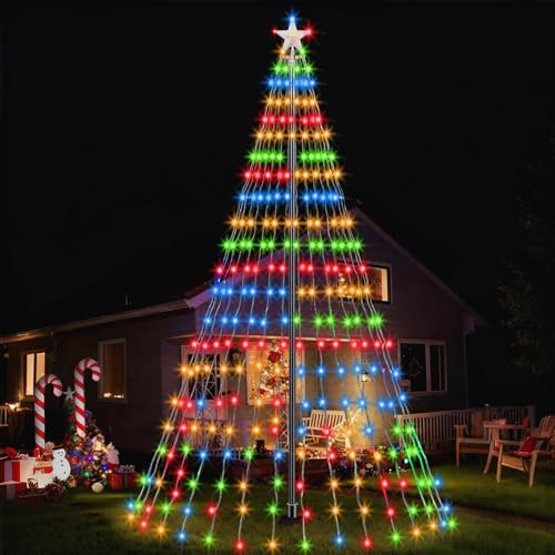 Kit di illuminazione per albero di Natale, 7 m, 630 LED con stelle 8 modalità, bandiera pole cascata luci natalizie con anello per poli di bandiera, decorazioni natalizie, prato, giardino