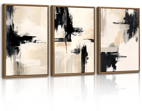 WENGTIAO Vintage Tableau Toile Peinture Encadré, Minimaliste à L'encre | Tableau Decoration Murale, Abstrait Noir Beige et Gris Peinture pour Decoration Salon Maison Chambre à Coucher 30x40cmx3