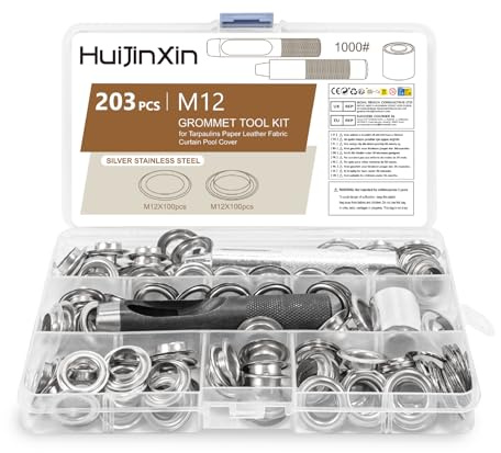 203 Pcs Grommet Tool Kit 12mm, Grommets Eyelet Punch Kit 12mm, Metal Grommets Eyelets and Grommet Punch Tool Kits for Fabric Leather Tarpaulin Belts Curtain Pool Cover DIY
