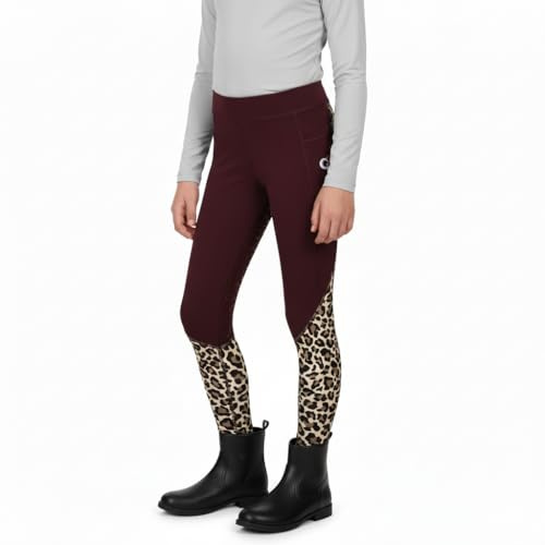 DaisenFit Kids Riding Pants – Stylish Leopard Print Full Seat Leggings | Girls Equestrian Tights with Silicone Grip for Youth (US, Alpha, Small, Slim, Berry Purple)