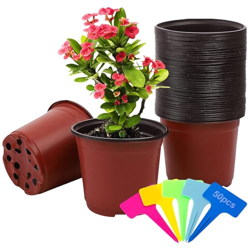 ANBET 50 Pcs Small Plastic Plant Pots, 4.72 (12CM) Seedling Pots with Drainage Holes & 50 Pcs Plants Labels, Succulent Plant Pot Indoor Outdoor