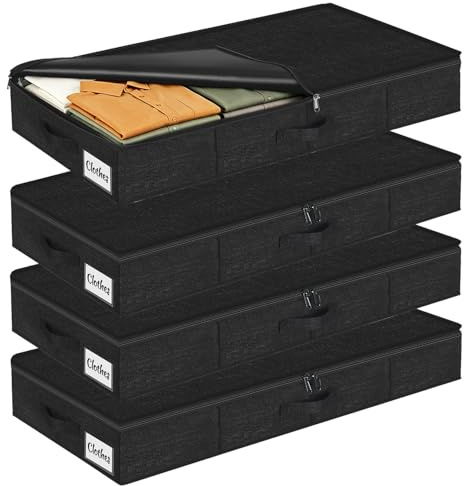 Unterbett Aufbewahrungsbox 12 cm mit Deckel, 4 Stück Faltbare Unterbettkommode Stabil, Platzsparend Kleideraufbewahrung & Organisation mit 3 Griffen, Waschbar Bettkasten für Kleidung & Decken, Schwarz