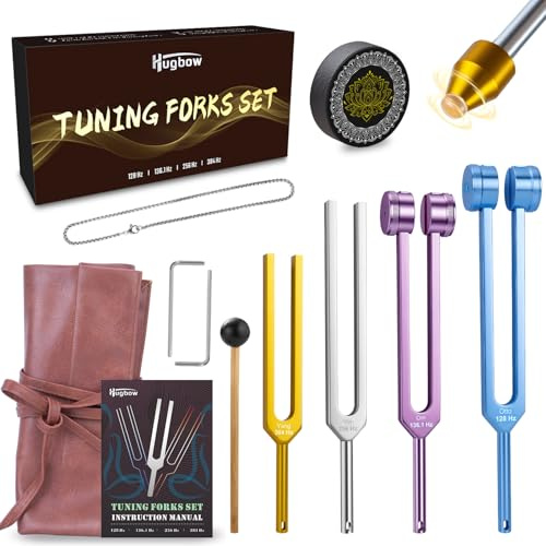 Hugbow 4 PCS Tuning Forks for Healing,Hockey Puck Activator & Gem feet, Unweighted Tuning Fork Set