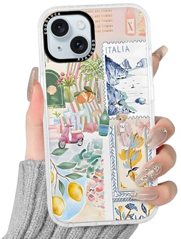 Niokfrci Sommer Collage Handyhülle für iPhone 15 Hülle 6,1'', Aesthetic Blumen Schleifen Bär Muster Motiv Design für Mädchen Schutzhülle Stoßfest Transparent Silikon TPU-Rahmen PC-Rückseite Case