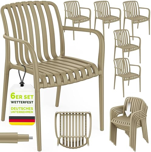 tillvex® Gartenstühle 6er Set Stapelbar Wetterfest mit Armlehne bis 120kg | Outdoor Stühle UV-beständig | Gartenstühle Balkonstuhl Outdoor Kunststoff | Terrassenstuhl Gartenmöbel Balkon Garten Terrasse