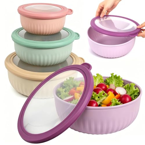 Gyism Salatschüssel Mit Deckel Set, 4 Hefeteigschüssel BPA-frei Frischhaltedosen mit Deckel Stapelbar Rührschüssel für Spülmaschinen Mikrowellen Gefrierschrankgeeignet 0,6/1,25/2,25/3,6L (Farbig)