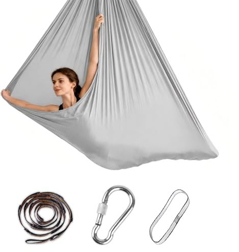 Aerial Yoga Hängematte Set, Shyllin 280 * 150CM, Nestschaukel für Erwachsene, Yoga-Schaukel Hammock Swing 200 Kg Max, Schaukel Indoor, Anti-Gravity-Übungen (Silbergrau)