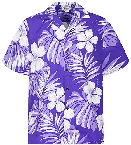 P.L.A. Pacific Legend Original Hawaiihemd, Kurzarm, Weißer Hibiskus, Violett, XL