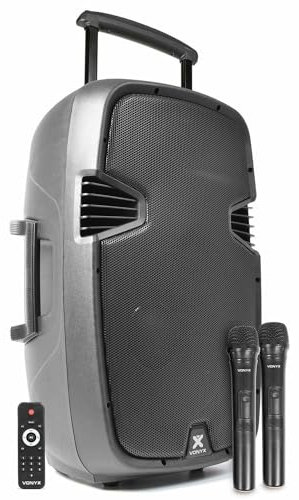 Vonyx SPJ-PA915 Enceinte Sono Portable avec Micros sans Fil - 700W Max, Bluetooth, USB/SD/MP3, Boomer 15, Batterie Intégrée, Poignée, Emplacement pour Pied de Fixation, Enceinte Légère et Robuste